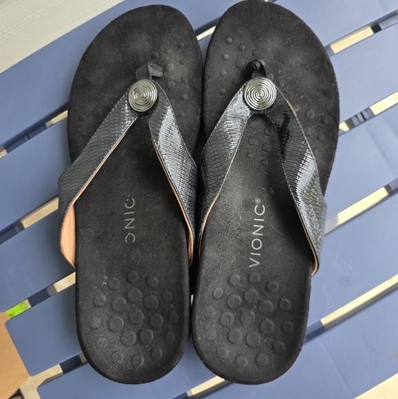 Vionic Black Sandals Women Size 11 Silver Detail Summer Comfort - Picture 3 of 12